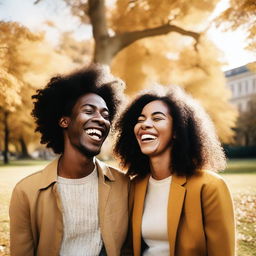 Generate an image of two friends of diverse cultural backgrounds, laughing in a sunny park