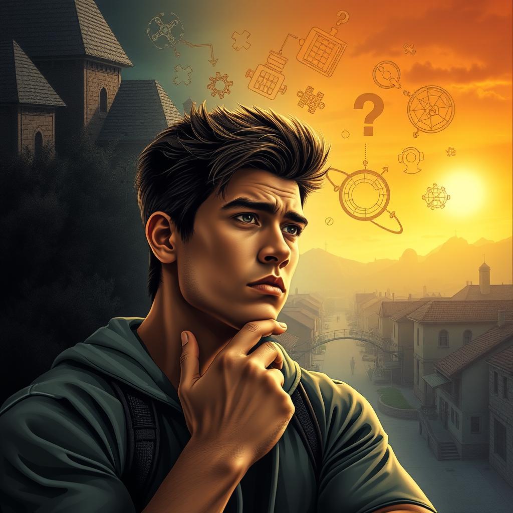 A powerful young man deep in thought, serious expression, surrounded by elements symbolizing problem-solving skills such as puzzles and diagrams