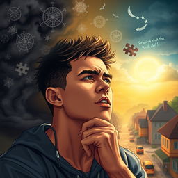 A powerful young man deep in thought, serious expression, surrounded by elements symbolizing problem-solving skills such as puzzles and diagrams