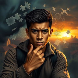A powerful young man deep in thought, serious expression, surrounded by elements symbolizing problem-solving skills such as puzzles and diagrams
