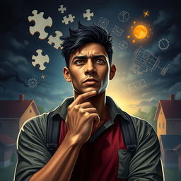 A powerful young man deep in thought, serious expression, surrounded by elements symbolizing problem-solving skills such as puzzles and diagrams
