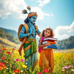 A picturesque scene showcasing Lord Krishna kindly assisting a young girl in a sunlit field