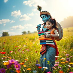 A picturesque scene showcasing Lord Krishna kindly assisting a young girl in a sunlit field