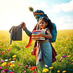 A picturesque scene showcasing Lord Krishna kindly assisting a young girl in a sunlit field