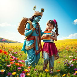 A picturesque scene showcasing Lord Krishna kindly assisting a young girl in a sunlit field