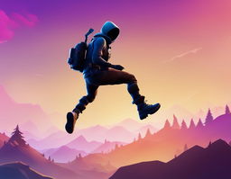 A HD minimalist Fortnite wallpaper featuring a gradient sky, a silhouette of a Fortnite character mid-jump, subtle terrain at the bottom, and a discreetly placed Fortnite logo