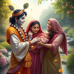 A touching scene depicting Lord Krishna graciously returning a baby girl to her loving parents