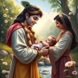 A touching scene depicting Lord Krishna graciously returning a baby girl to her loving parents
