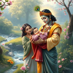 A touching scene depicting Lord Krishna graciously returning a baby girl to her loving parents