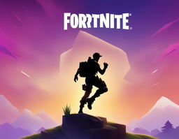 A HD minimalist Fortnite wallpaper featuring a gradient sky, a silhouette of a Fortnite character mid-jump, subtle terrain at the bottom, and a discreetly placed Fortnite logo