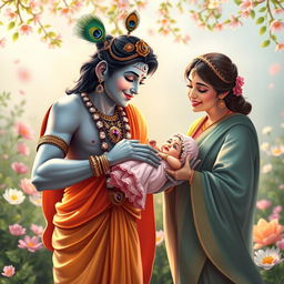 A heartwarming scene of Lord Krishna presenting a baby girl to her loving father, with her mother joyfully looking on