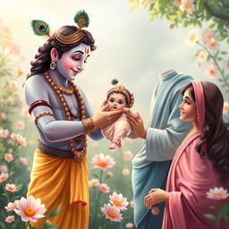 A heartwarming scene of Lord Krishna presenting a baby girl to her loving father, with her mother joyfully looking on