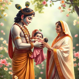 A heartwarming scene of Lord Krishna presenting a baby girl to her loving father, with her mother joyfully looking on