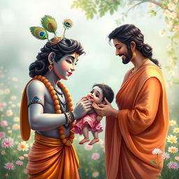 A heartwarming scene of Lord Krishna presenting a baby girl to her loving father, with her mother joyfully looking on