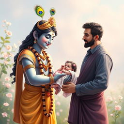 A serene scene of Lord Krishna presenting a baby girl to her father, embodying joy and divine blessing