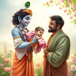 A serene scene of Lord Krishna presenting a baby girl to her father, embodying joy and divine blessing