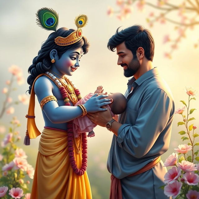 A serene scene of Lord Krishna presenting a baby girl to her father, embodying joy and divine blessing