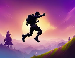 A HD minimalist Fortnite wallpaper featuring a gradient sky, a silhouette of a Fortnite character mid-jump, subtle terrain at the bottom, and a discreetly placed Fortnite logo