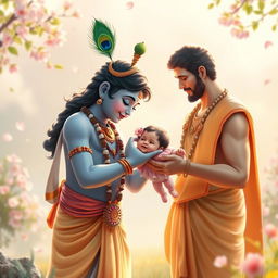 A serene scene of Lord Krishna presenting a baby girl to her father, embodying joy and divine blessing
