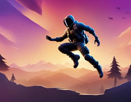 A HD minimalist Fortnite wallpaper featuring a gradient sky, a silhouette of a Fortnite character mid-jump, subtle terrain at the bottom, and a discreetly placed Fortnite logo