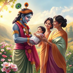 A beautiful scene depicting Lord Krishna lovingly handing a baby girl to her parents, who are filled with joy and gratitude