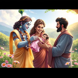 A beautiful scene depicting Lord Krishna lovingly handing a baby girl to her parents, who are filled with joy and gratitude