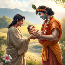 A beautiful scene depicting Lord Krishna lovingly handing a baby girl to her parents, who are filled with joy and gratitude