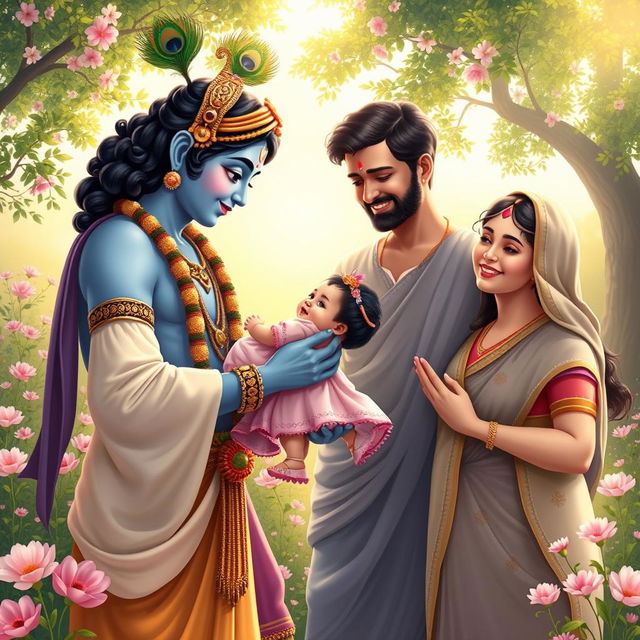 A beautiful scene depicting Lord Krishna lovingly handing a baby girl to her parents, who are filled with joy and gratitude