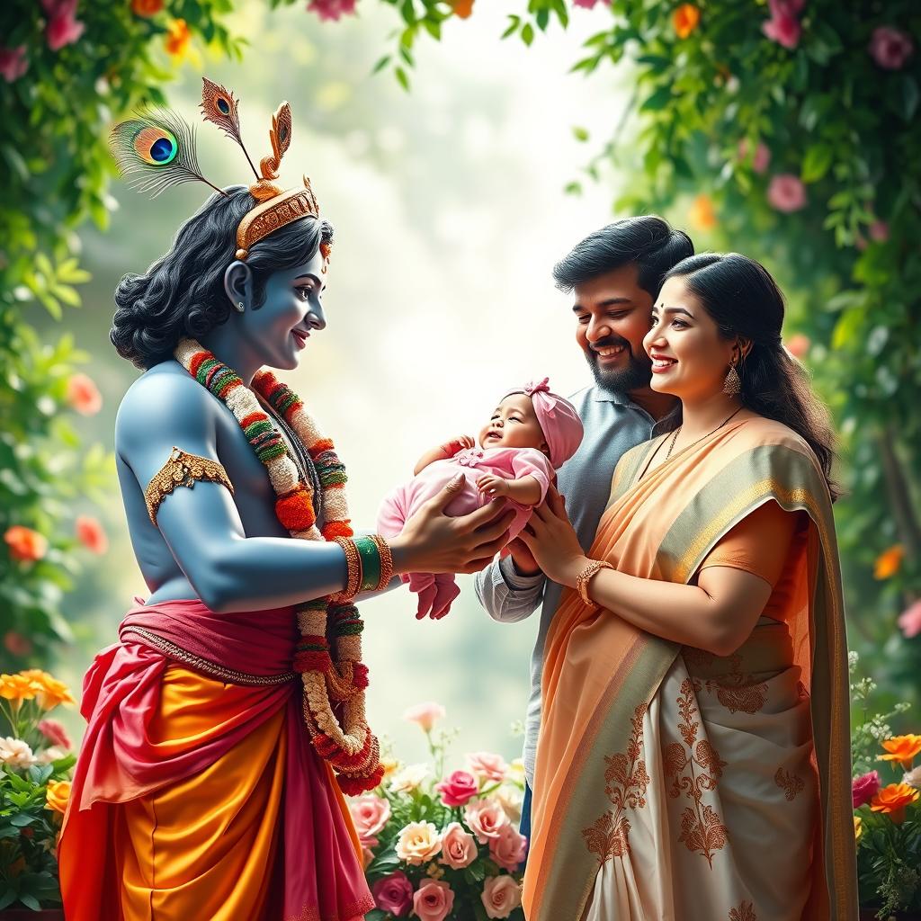 A beautiful moment capturing Lord Krishna handing a baby girl to her delighted parents