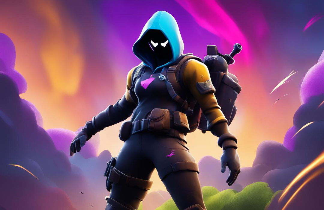 An intense, minimalist Fortnite wallpaper featuring a vibrant stormy sky, a silhouette of a Fortnite character in combat stance, and a bold Fortnite logo