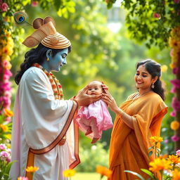 A beautiful moment capturing Lord Krishna handing a baby girl to her delighted parents