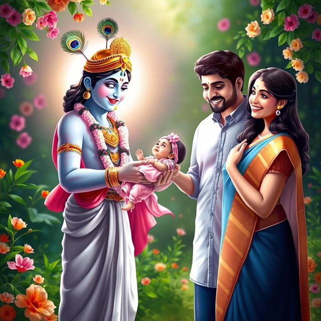 A beautiful moment capturing Lord Krishna handing a baby girl to her delighted parents