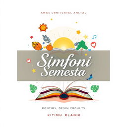 A beautifully designed book cover for the anthology titled 'Simfoni Semesta', featuring inspiring elements associated with life lessons, enthusiasm, and motivation