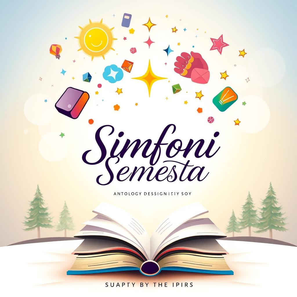 A beautifully designed book cover for the anthology titled 'Simfoni Semesta', featuring inspiring elements associated with life lessons, enthusiasm, and motivation