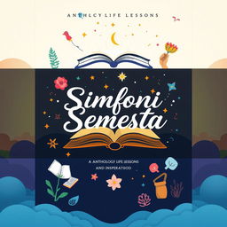 A beautifully designed book cover for the anthology titled 'Simfoni Semesta', featuring inspiring elements associated with life lessons, enthusiasm, and motivation