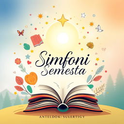 A beautifully designed book cover for the anthology titled 'Simfoni Semesta', featuring inspiring elements associated with life lessons, enthusiasm, and motivation