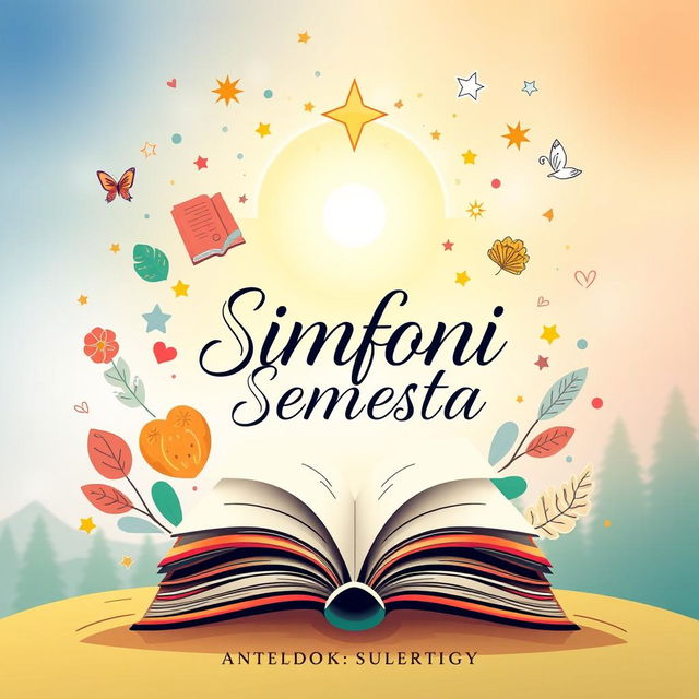 A beautifully designed book cover for the anthology titled 'Simfoni Semesta', featuring inspiring elements associated with life lessons, enthusiasm, and motivation