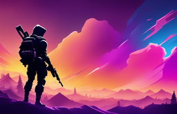 An intense, minimalist Fortnite wallpaper featuring a vibrant stormy sky, a silhouette of a Fortnite character in combat stance, and a bold Fortnite logo