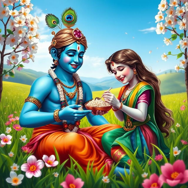 Lord Krishna seated in a vibrant green field, joyfully feeding rice to a beautiful young girl