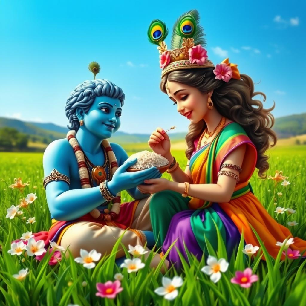 Lord Krishna seated in a vibrant green field, joyfully feeding rice to a beautiful young girl