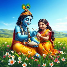 Lord Krishna seated in a vibrant green field, joyfully feeding rice to a beautiful young girl
