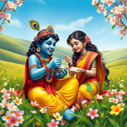 Lord Krishna seated in a vibrant green field, joyfully feeding rice to a beautiful young girl