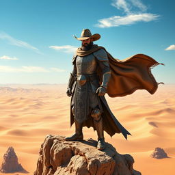 A heroic cowboy paladin standing tall atop a rocky cliff in a vast desert landscape, wearing beautifully detailed armor adorned with intricate engravings of mythical creatures