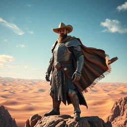 A heroic cowboy paladin standing tall atop a rocky cliff in a vast desert landscape, wearing beautifully detailed armor adorned with intricate engravings of mythical creatures