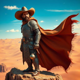 A heroic cowboy paladin standing tall atop a rocky cliff in a vast desert landscape, wearing beautifully detailed armor adorned with intricate engravings of mythical creatures
