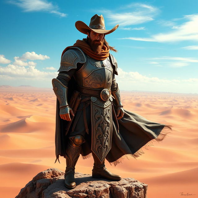 A heroic cowboy paladin standing tall atop a rocky cliff in a vast desert landscape, wearing beautifully detailed armor adorned with intricate engravings of mythical creatures