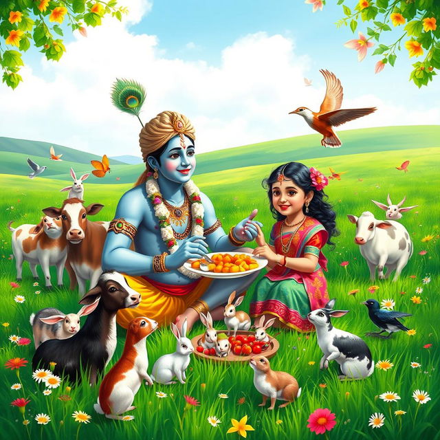 Lord Krishna seated in a lush green field, sharing a meal with a beautiful young girl surrounded by various playful animals like cows, rabbits, and birds