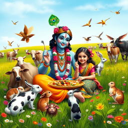 Lord Krishna seated in a lush green field, sharing a meal with a beautiful young girl surrounded by various playful animals like cows, rabbits, and birds