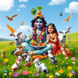 Lord Krishna seated in a lush green field, sharing a meal with a beautiful young girl surrounded by various playful animals like cows, rabbits, and birds