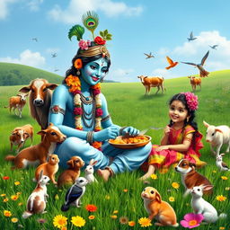 Lord Krishna seated in a lush green field, sharing a meal with a beautiful young girl surrounded by various playful animals like cows, rabbits, and birds